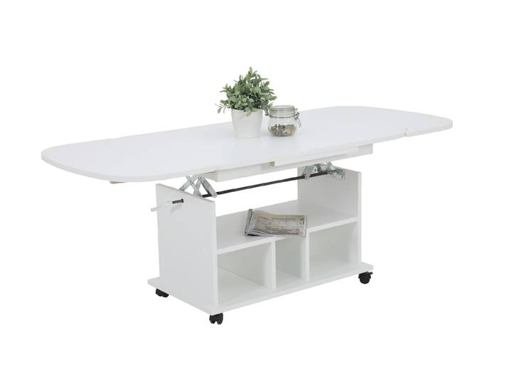 Couchtisch mit Funktionen, Wohnzimmertisch Babsi - Nachbildung Weiß - höhenverstellbar und ausziehbar - Rollenfüße - große Ablage - 107x157x67cm