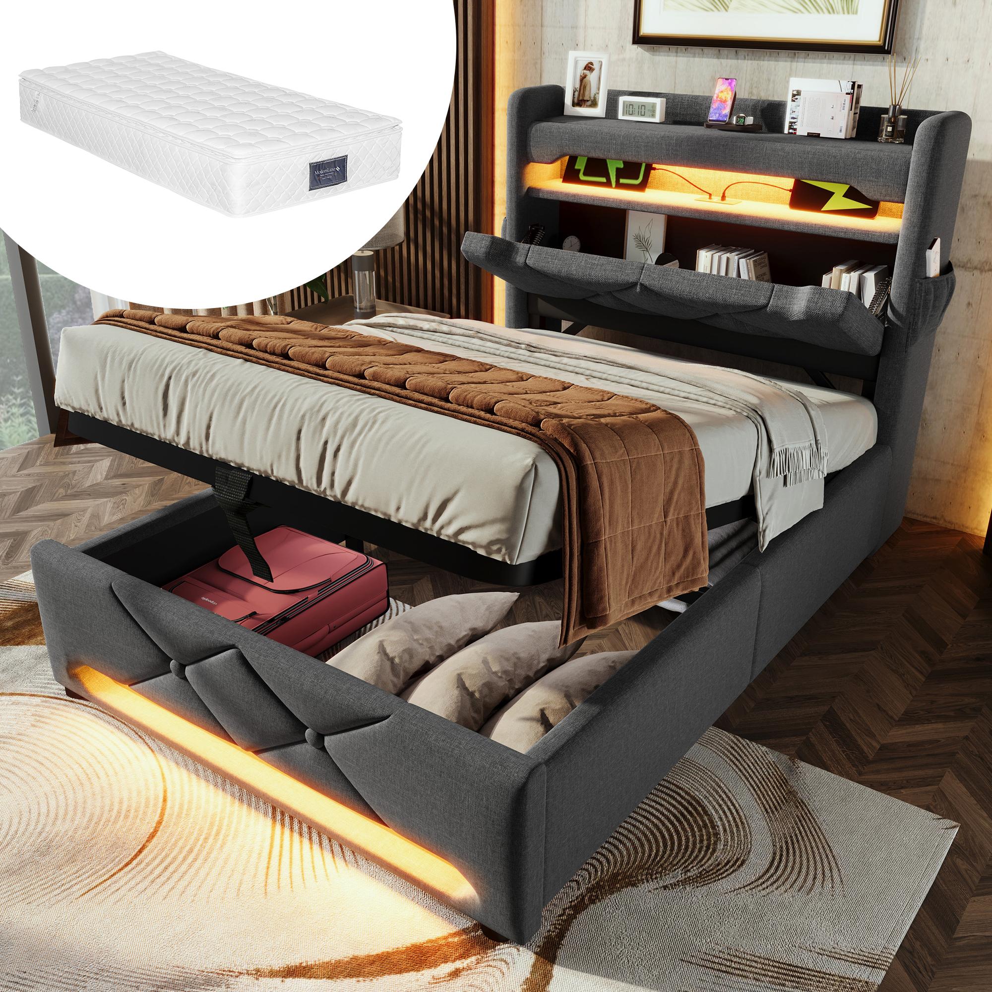 Polsterbett Einzelbett 90*200, Stauraum Kopfteil mit USB und Typ C-Port ,360-Surround-LED-Funktion rund um Kopf- und Fußende des