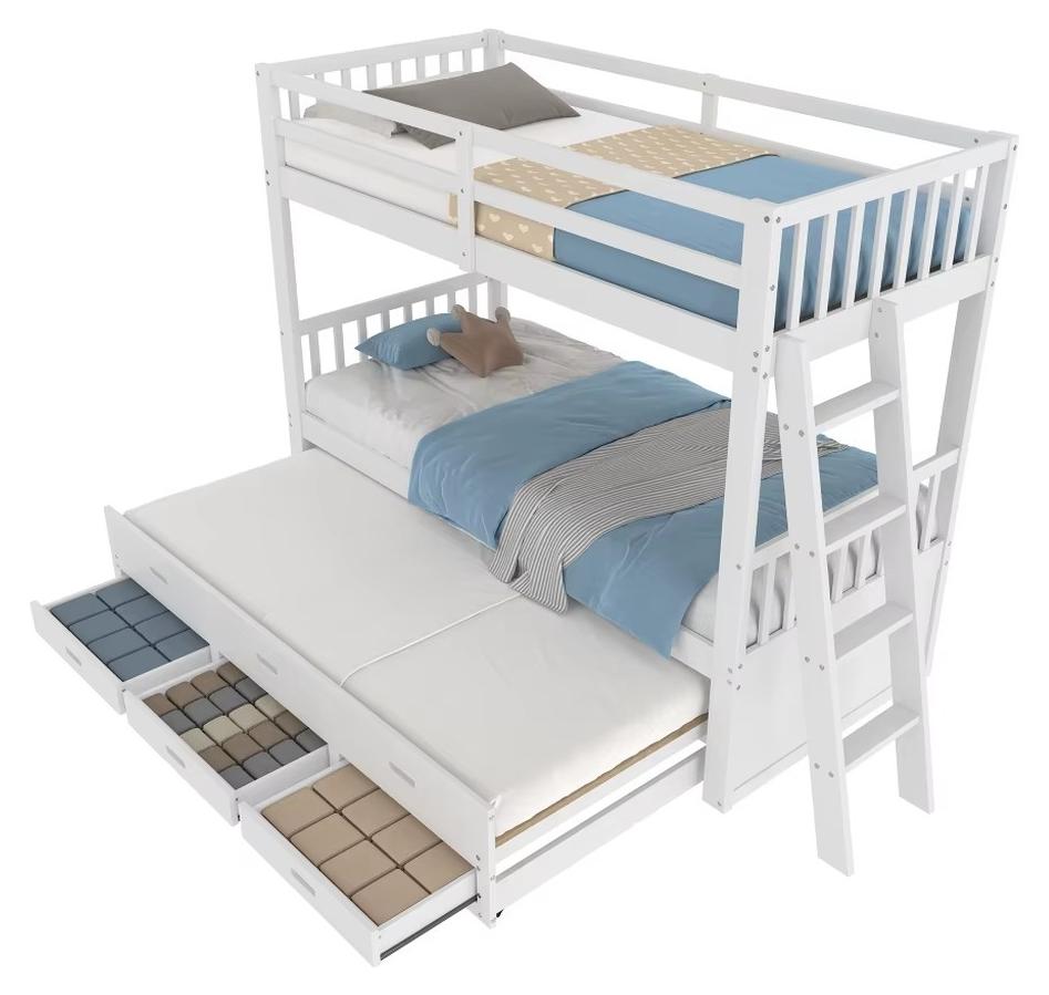 Etagenbett 90 x 200 cm - Hausbett für Kinder - Leiter - Ausziehbett - 3 Schubladen - Kiefernholz - Weiß