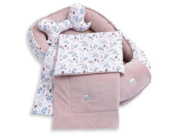 LOOLAY Babynest, Nestchen für Neugeborene – Baby Nestchen 91 × 63 cm mit Decke, Tragbares Nest aus Samtvelours & Baumwolle (ROSA Velour/Blumen ROSA)