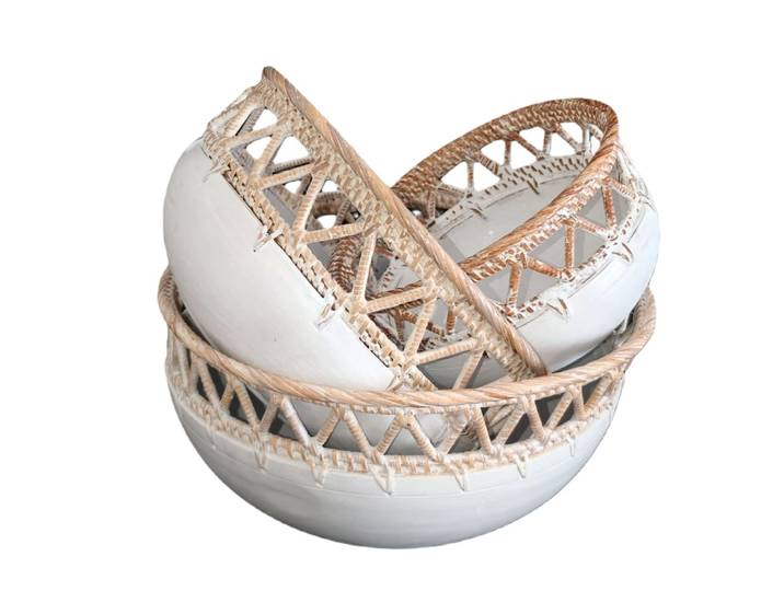 Bol rond en bois et rotin, blanc Lot de 3