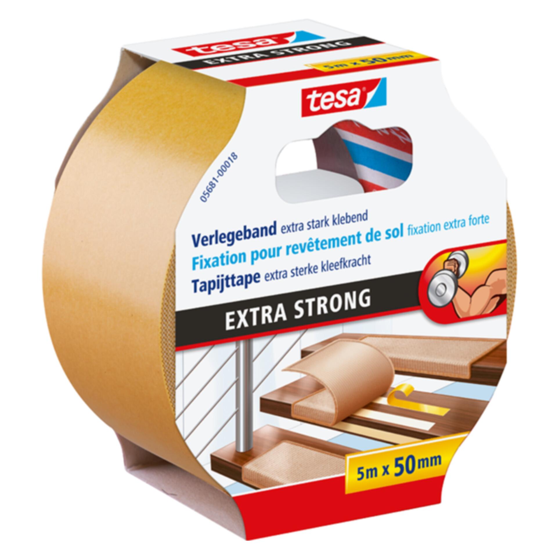 tesa Verlegeband EXTRA STRONG, doppelseitiges Klebeband zum Verlegen von Teppich und PVC-Belag (50 mm) (05681-00018-11)