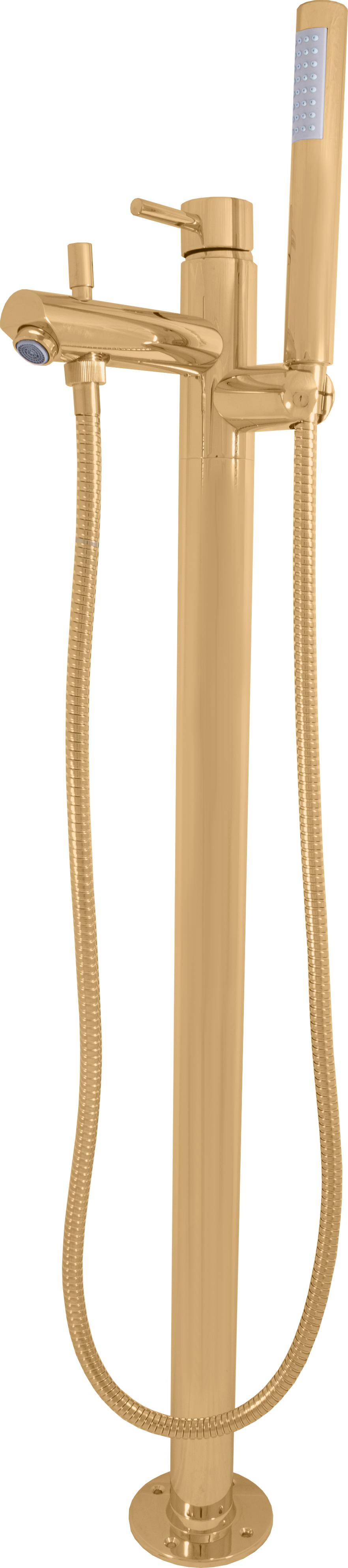 Badarmatur Messing goldfarben stehend gebürstet, einhebelig, 93,2 cm hoch, mit Duschbrause