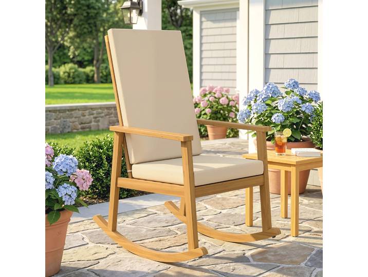 Outsunny Fauteuil à Bascule Bois Acacia Dossier Haut Coussin Beige