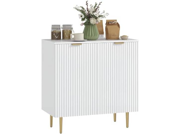 HOMCOM Sideboard geriffelt 2 Türen verstellbare Regale Weiß Küchenaufbewahrungsschrank, moderne Kaffeebar-Station, Metallbeine, für Flur