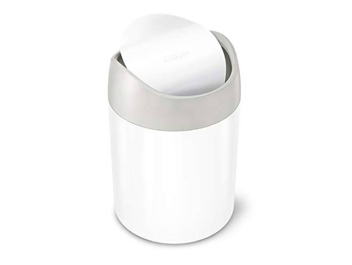 simplehuman 1,5 Liter, Tischabfalleimer mit Schwingdeckel, Mini-Abfalleimer Tischeimer Desktop, Kosmetikeimer, Kleiner Mülleimer Küche Bad Büro, weißer Stahl, CW2079