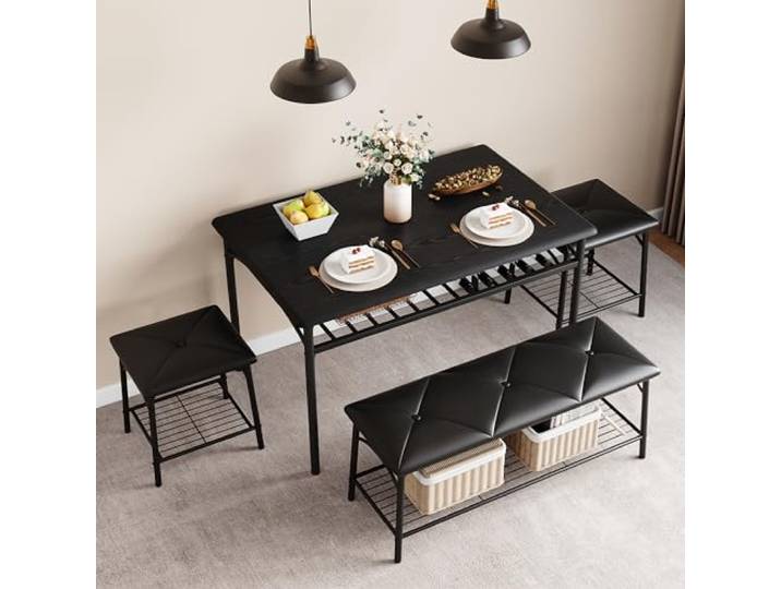 GarveeHome Esstisch-Set Mit Sitzbank & 2 Hockern MDF-Platte Stahlgestell PU-Leder Wasserabweisend Platzsparend Stauraum Kleine Küche Vielseitig Als Schreibtisch Bartisch Oder Arbeitstisch,Schwarz