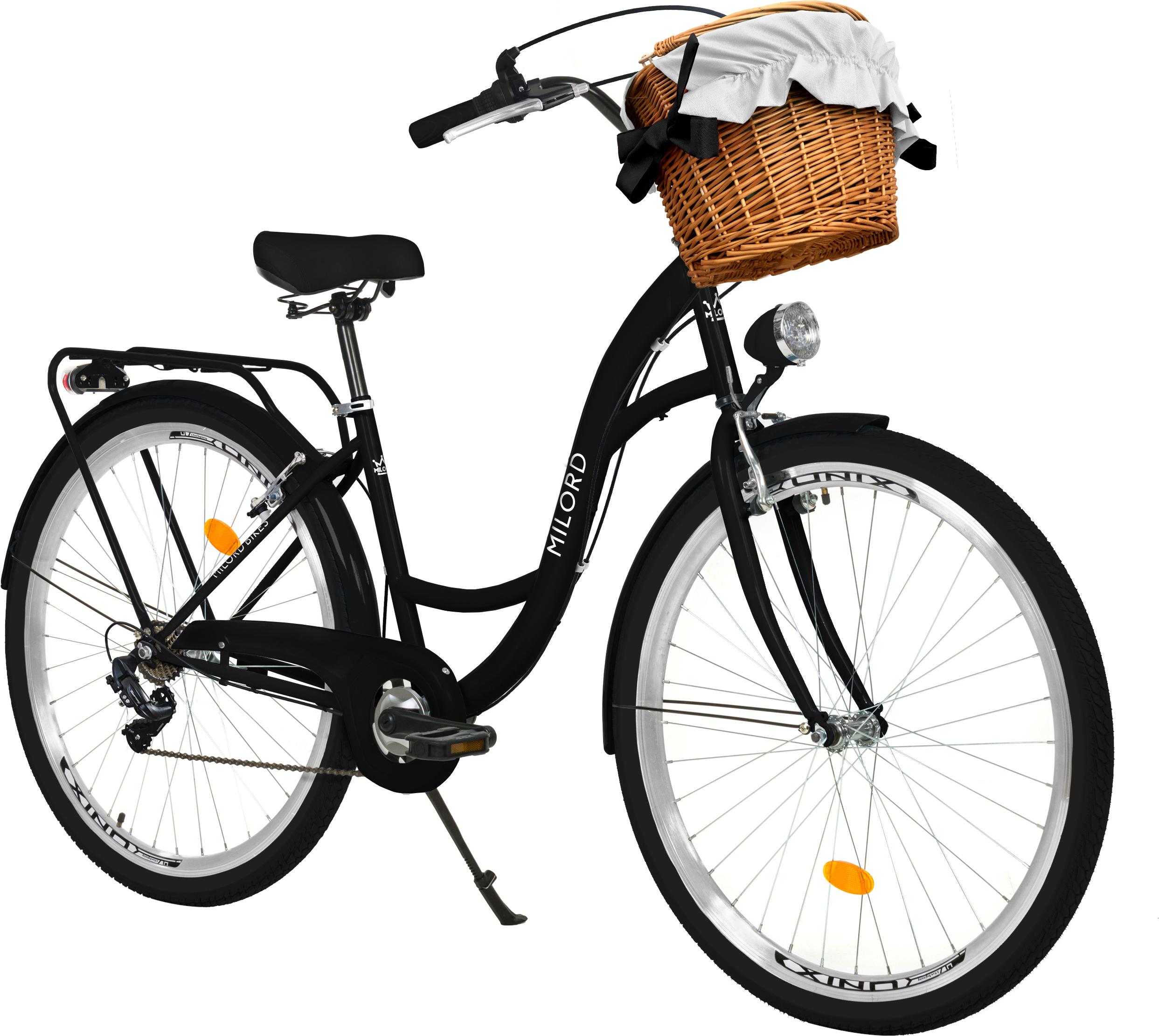 Milord Komfort Fahrrad Mit Weidenkorb Damenfahrrad, 28 Zoll, Schwarz, 7 Gang Shimano