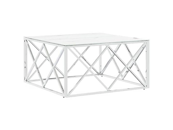 KGFHERENB Couchtisch 80x80x40 cm Glas Marmor-Optik Edelstahl Silber Moderne quadratische Glasplatte in weißer Marmor-Optik mit stabilem Silberrahmen für Wohnzimmer und Lounge.