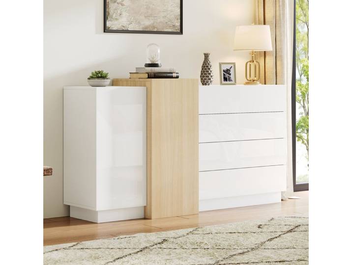 Buffet Salon Blanc Moderne - Grand Buffet Bahut avec 2 portes 4 Tiroirs - Meuble de Rangement - Buffet bas - 160x37x75 cm