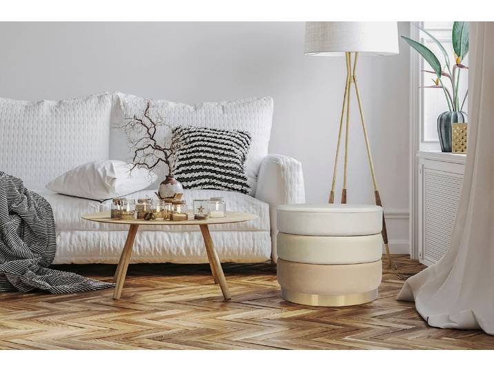 Sitzhocker KAYOOM Hocker Elyse, Edler Touch durch goldenen Sockel , beige (creme, multi), B:50cm H:42cm T:50cm, Korpus: MDF / Bezug: 100% Polyester (Samt) / Sockel: Edelstahl, Hocker, Sitzhocker, samtweich, hochwertig, Perfekt aufeinander abgestimmte Farben