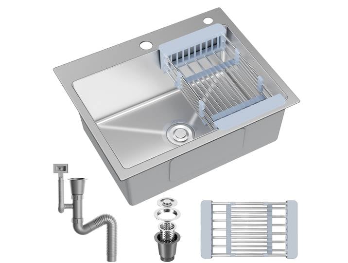 Evier Cuisine 1 Bac Inox, Avec Filtre de Vidange et Trous pour Robinets, Installation Simple à Poser pour Cuisine Moderne