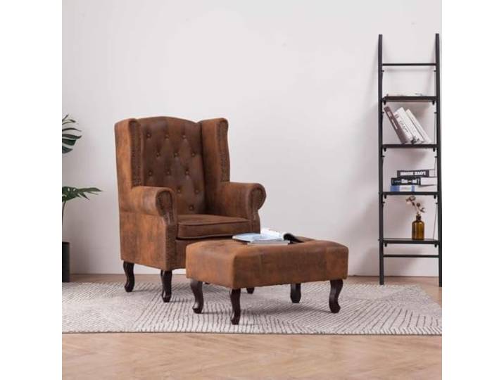 HEFZGDB Chesterfield Sessel und Fußhocker in Braun mit Wildleder-Optik für Luxuriöses Wohnambiente und Langlebigen Komfort