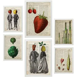 POSTER Set Mit 6 Küche Vintage Papier Stil Plakate Mit Enzyklopädie Hintergründen Obst Und Gemüse, Gesunder Lebensstil A3 & A4 Weißer Rahmen