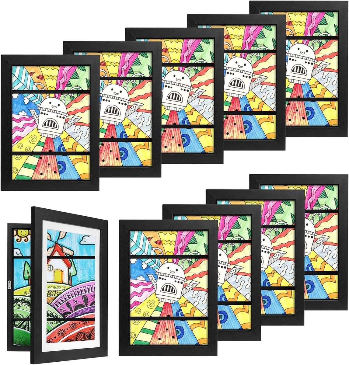 Set van 10 zwarte fotolijsten voor kinderkunst en 3D-objecten, A4 formaat