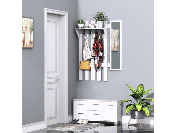 Homcom Ensemble de meubles d'entrée 3 pièces meuble chaussures, miroir et panneau porte-manteau panneaux particules blanc