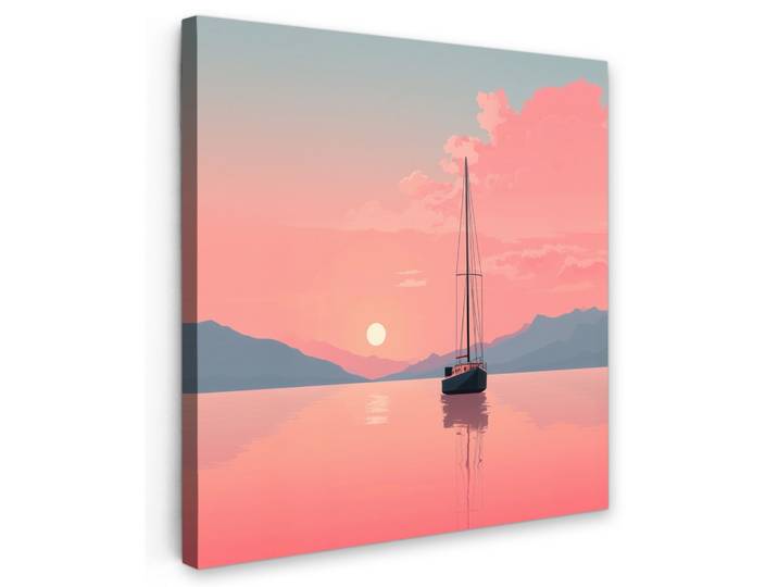 LEINWANDBILD Segelboot - Rosa Meer - Sonnenuntergang - Berge Wandbild Wohnzimmer 50x50 cm
