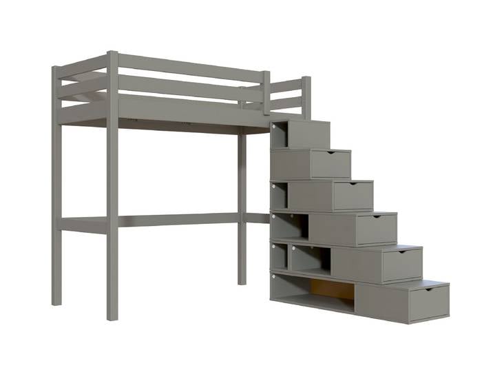 Lit mezzanine bois 90x200 Sylvia avec escalier cube 90x200 Gris
