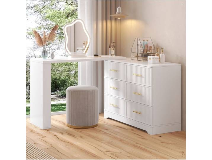 Coiffeuse Rotative avec Miroir LED - ELVMI - 6 Tiroirs en Panneaux de Particules Blanc 110 × 40 × 129 cm