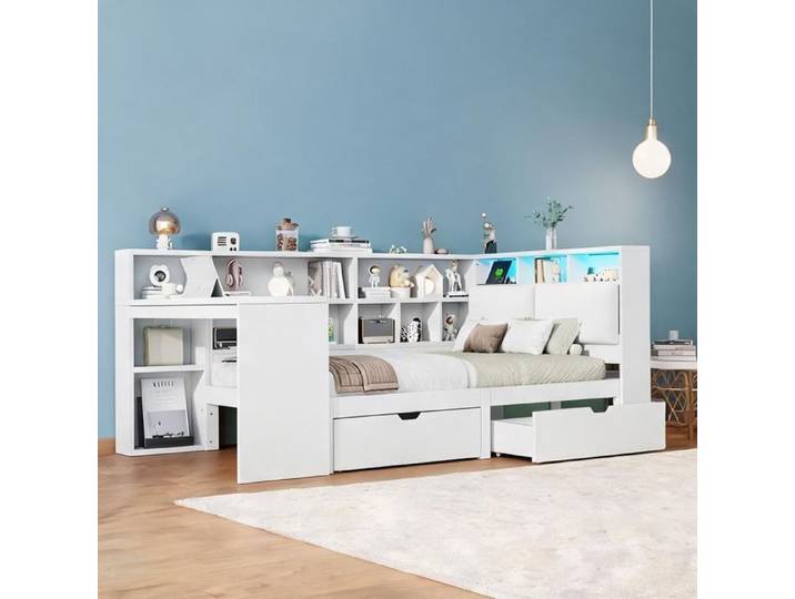 Lit plateforme d'angle avec bureau et bibliothèque 140x200 cm bois blanc
