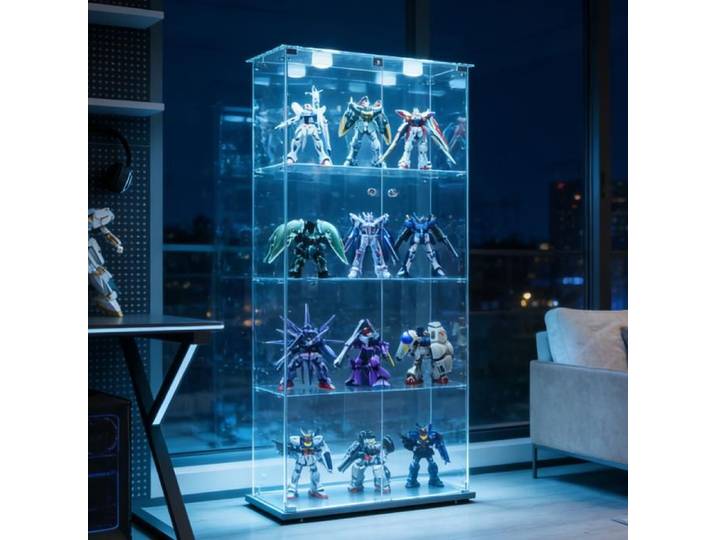 Vitrine en verre MSUIINT verre trempé 2 portes vitrées 4 niveaux de rangement Vitrine LED - lumière ronde Blanc