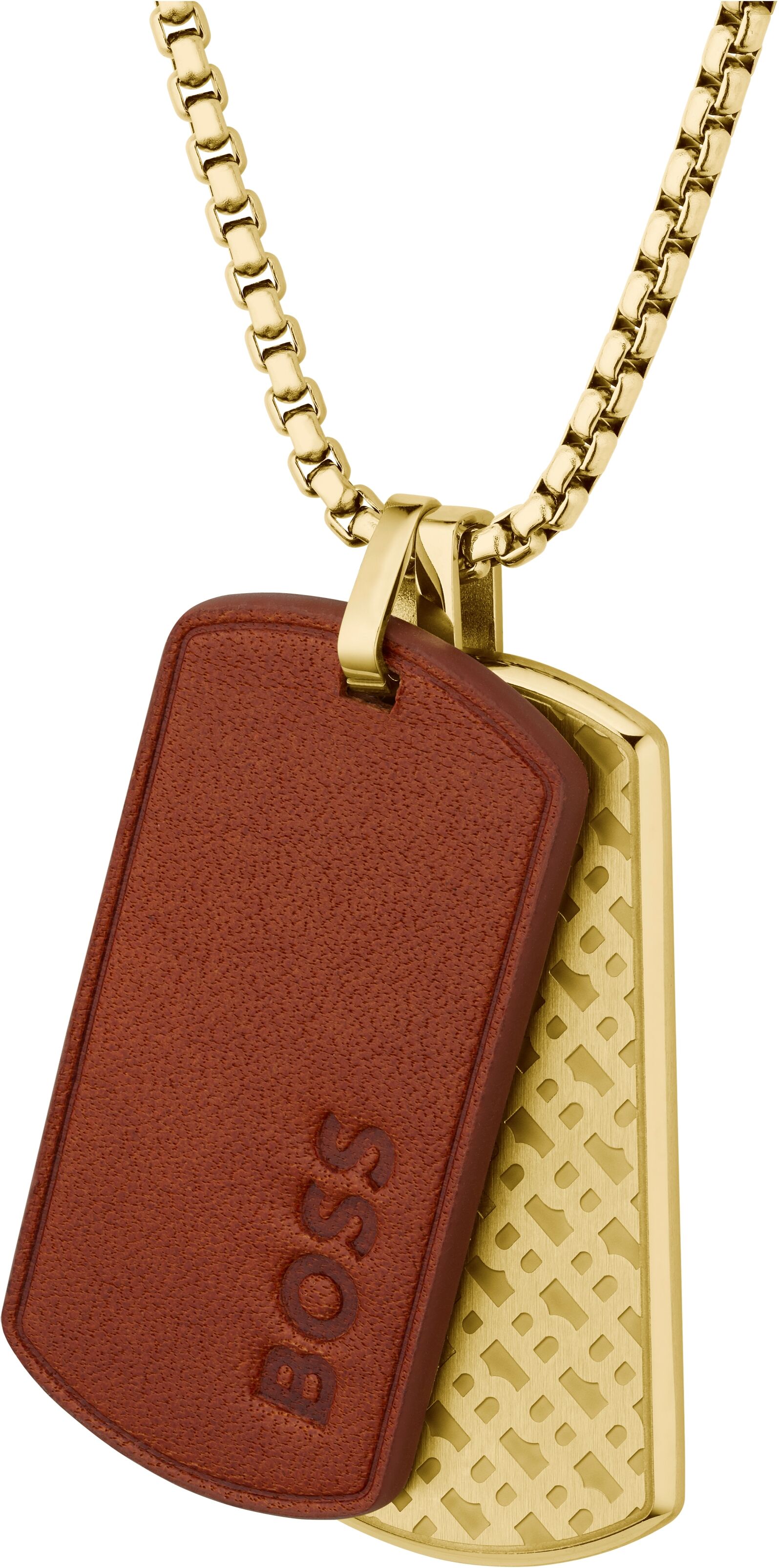 Kette mit Anhänger BOSS "DEVON", gold (gelbgoldfarben, braun), Halsketten, Herren, Edelstahl Leder, L: 56 B: 2mm, Edelstahl, Leder, Kette mit Anhänger, B:2mm