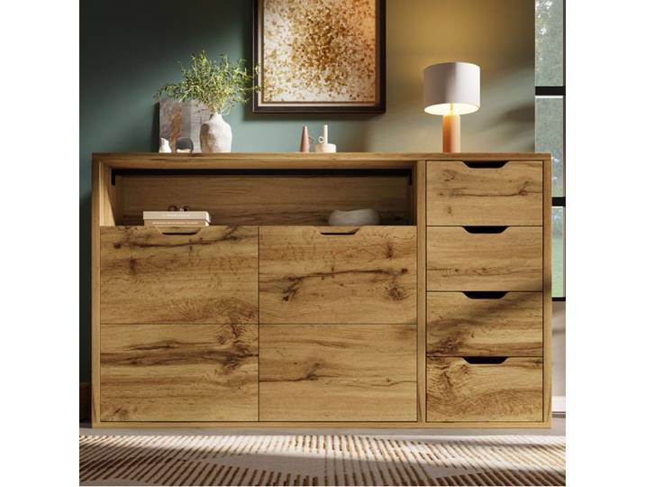 Buffet et Enfilade 2 Portes 4 Tiroirs Niche Ouverte et Étagère Réglable - MEUNIQ - MDF Chêne 150×40×90 cm