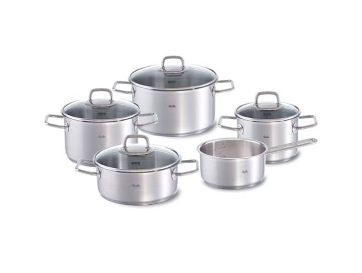 Fissler, Viseo Topfset 5-teilig, Edelstahl, 3 Kochtöpfe & Bratentopf mit Glasdeckeln, Stielkasserolle ohne Deckel, Induktion