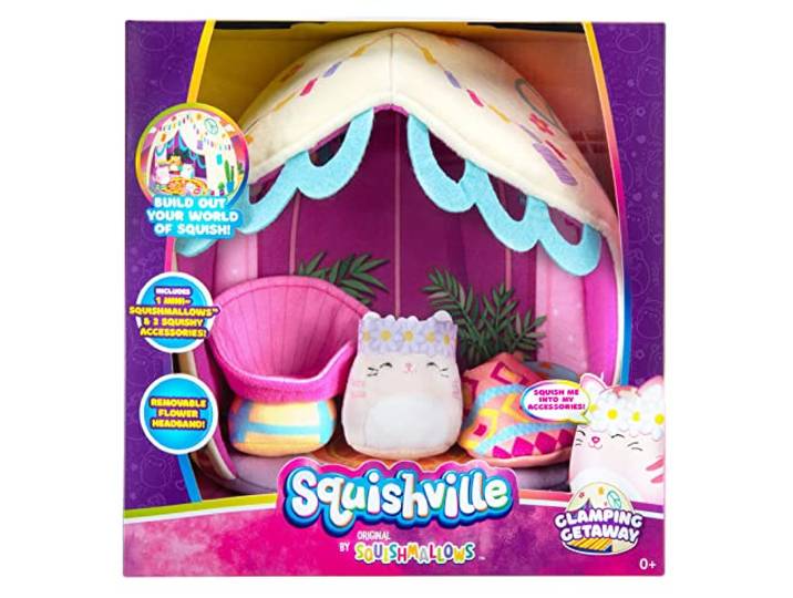 Squishville SQM0210 - Glamping Set, superweiches Zelt mit 5cm Mini-Squishmallows Plüschfigur und Zubehör