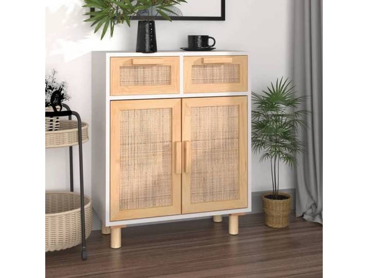 Réduction FR - Buffet Bas enfilade - Commode salon Blanc 60x30x75 cm - Aspect Bois de pin massif et rotin naturel -889870