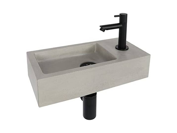 Differnz Jukon Lavabo - Lave main Béton Gris Clair - Robinet Droit Noir Mat - Ensemble Complet - 38\,5 x 18\,5 x 9 cm
