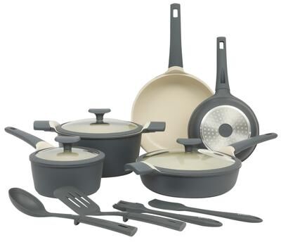 Oster Premium Rooney 12 Piece Cast Aluminum Pots and Pans PFA Free Ceramic Non stick Induction Kitchen Cookware Set - Grey