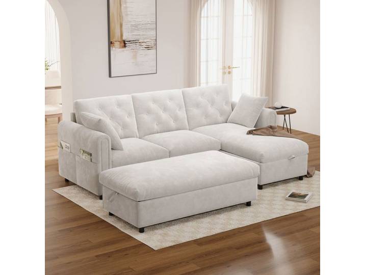 Canapé d'angle 219 x 131 cm méridienne pouf rangement ressorts ensachés bois massif beige 219 x 131 x 86 cm