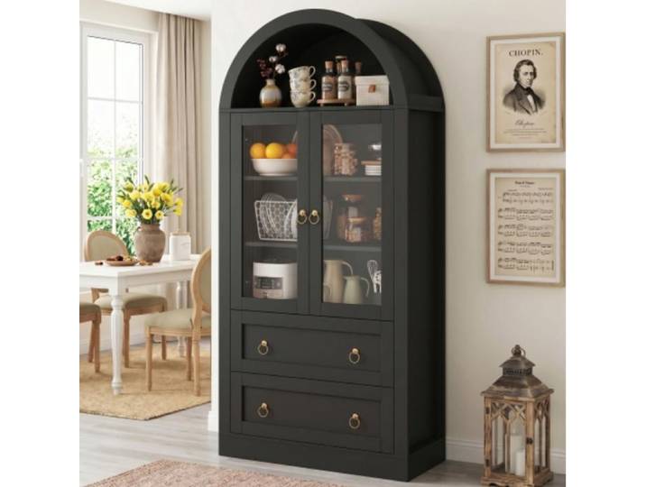 Armoire vitrine haute 80x36x170 cm avec 2 portes vitrées et 2 tiroirs meuble de rangement arqué noir