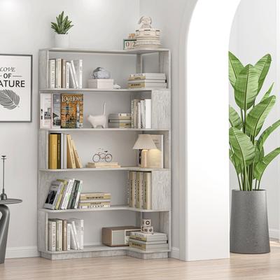 Corner Bookcase MDF Wood with L-Shaped Space-Saving Storage Shelves and Anti-Tip Safety Design by GDFStudio