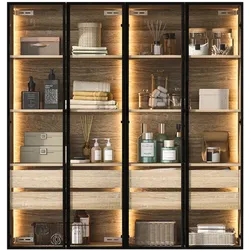 Merax 2er-Set Hochschrank 74x36x155 cm, Aufbewahrungsschrank mit LED-Lichtleiste, Milchglastüren, 2 Schubladen, Vitrine & Badschrank, Naturholzfarbe