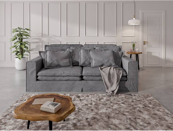 4-Sitzer Sofa, Samtvelours, Dunkelgrau, 240×146 cm, Mit Kissen & Taschen, Landhaus, Home Affaire