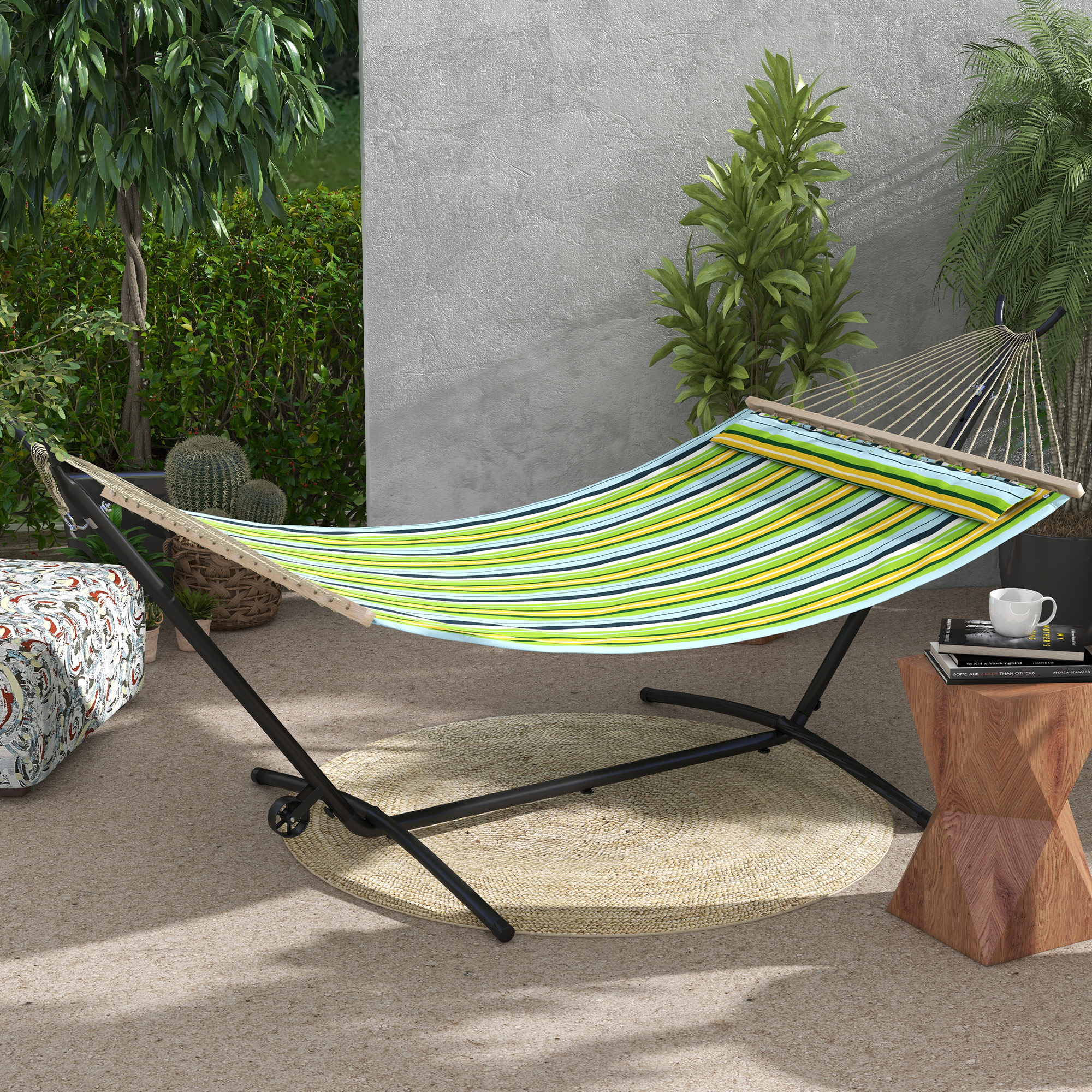 Outsunny Supporto per Amaca da 330 cm max con 6 Fori e Rotelle, in Metallo, 290x120x115 cm, Nero Aosom