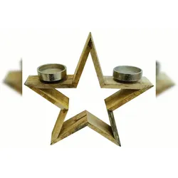 Tarrington House Doppel Stern-Teelichthalter, Holz/Aluminium, 28 x 6 x 26 cm, braun/silber