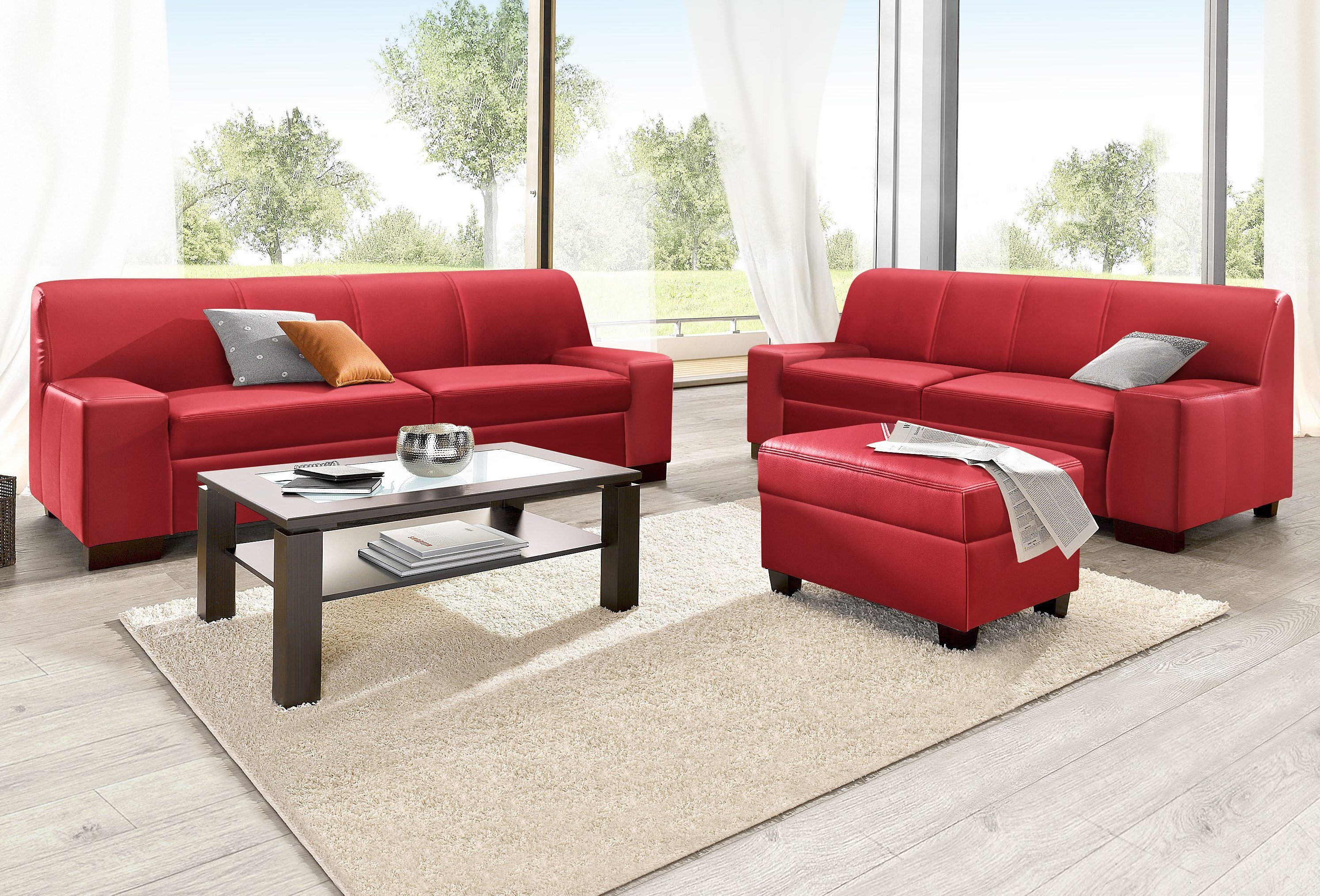 Polstergarnitur DOMO COLLECTION "Norma Top,elegant und modern, flache Armlehnen", rot, Kunstleder SOFTLUX, Sitzmöbel-Sets, Polstergarnitur, bestehend aus einem 2-Sitzer und einem 3-Sitzer rot Kunstleder SOFTLUX®