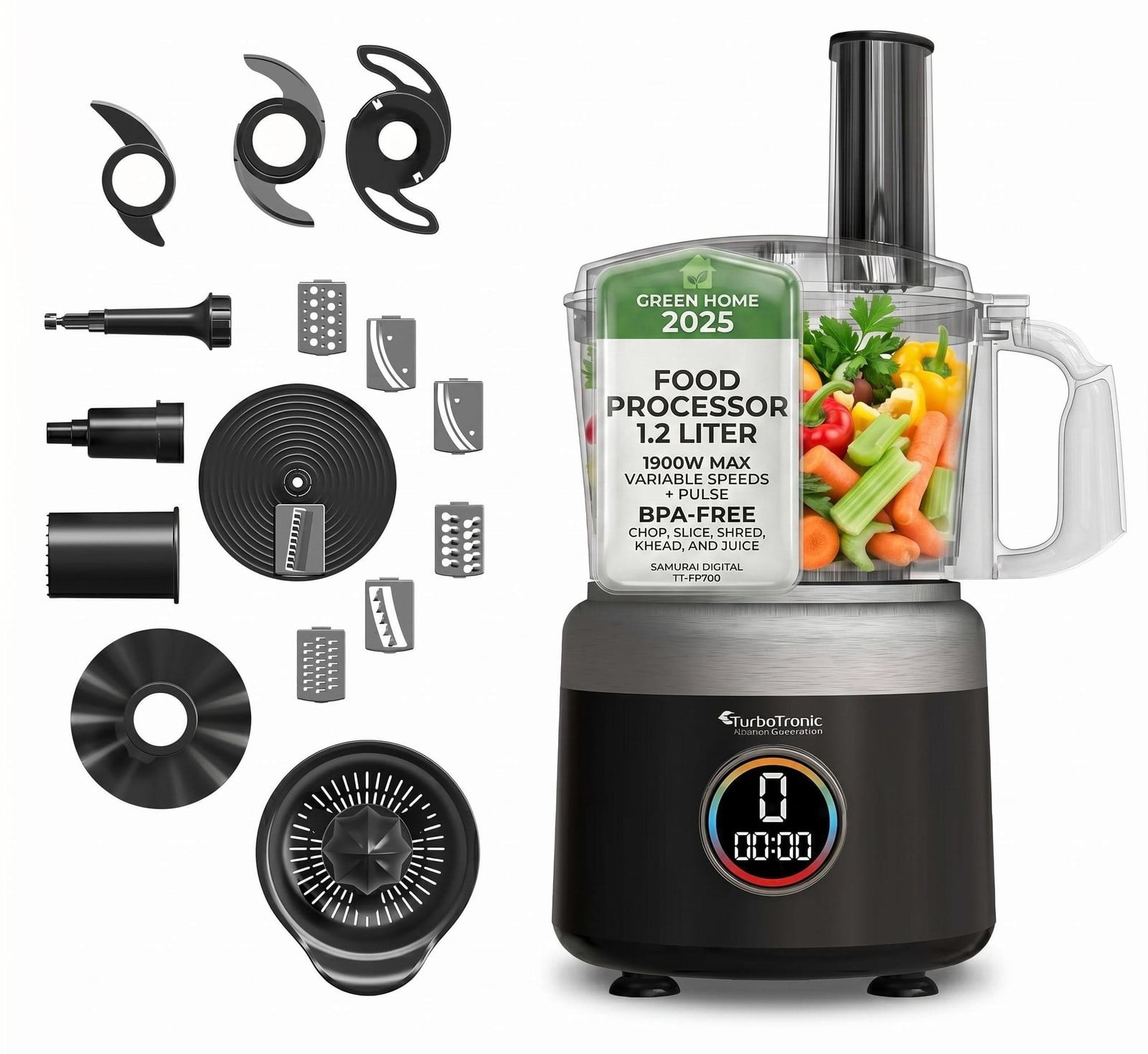 TurboTronic multifunctionele keukenmachine FP800, 800 W, zwart/rood, met 1,2 l kom, hakmolen, blender en citruspers