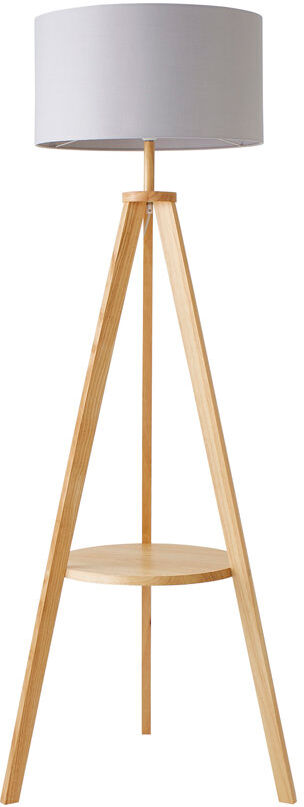 Brayden Studio Ismay 149 cm Morrigan Wood Tripod Floor Lamp with Shelf & XL Reni Shade Grey/Light Brown 149cm H X 55cm W X 55cm D