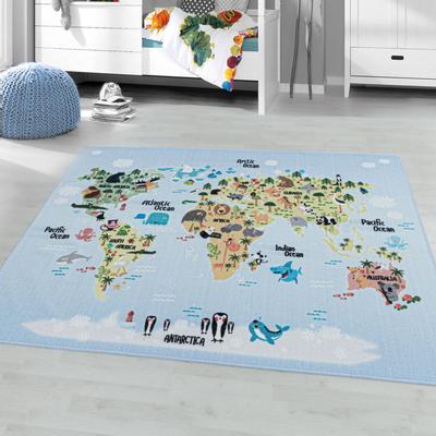 Kinderteppich AYYILDIZ TEPPICHE "PLAY 2917", blau, B:80cm H:6mm L:120cm, Polyamid, Teppiche, Kinderteppich, robuster Kurzflor, bunte Weltkarte, Weltmeere, Tiere, Kinderzimmer