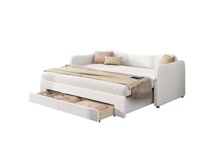Komhtom Polsterbett 90x200cm mit USB-Anschluss in Beige Bouclé, Mode, 90x200 cm, Schlafzimmer, Betten, Polsterbetten