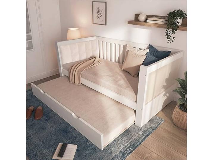Bellemave Tagesbett 90x200, mit ausziehbarem Zusatzbett, Kieferholz, Weiß ausziehbares Zusatzbett, abgerundete Armlehnen, gepolsterte Rückenlehne, Lattenrost inklusive,Multifunktionales Tagesbett