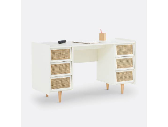 LA REDOUTE Bureau double caisson 6 tiroirs, Kaya Blanc Cassé