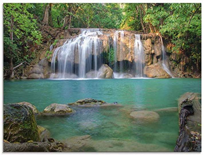 ARTland Wanddeko Glasbilder Wandbild Glas Bild einteilig 80x60 cm Querformat Natur Wald Dschungel Urwald Wasserfall Fluss Landschaft Thailand S6CI