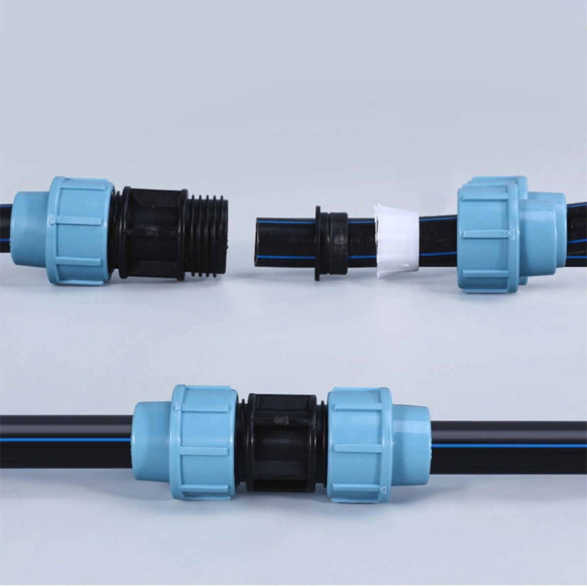 INF IBC-Adapter-Set 2 Stück — PE verstärkte Schnellverschluss-Adapterkappe + männliches 3-Wege-T-Stück, DN20 Auslass,