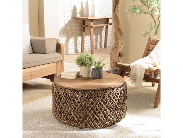SIXTINE - Table basse ronde diam70 rotin\, plateau bois teck recyclé