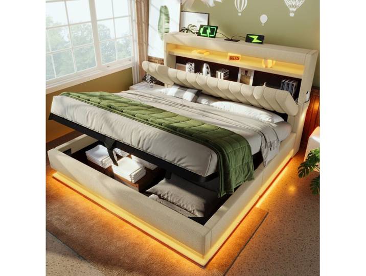 VUENOR Lit coffre 140x190 cm beige – tête de lit rangement LED sans matelas